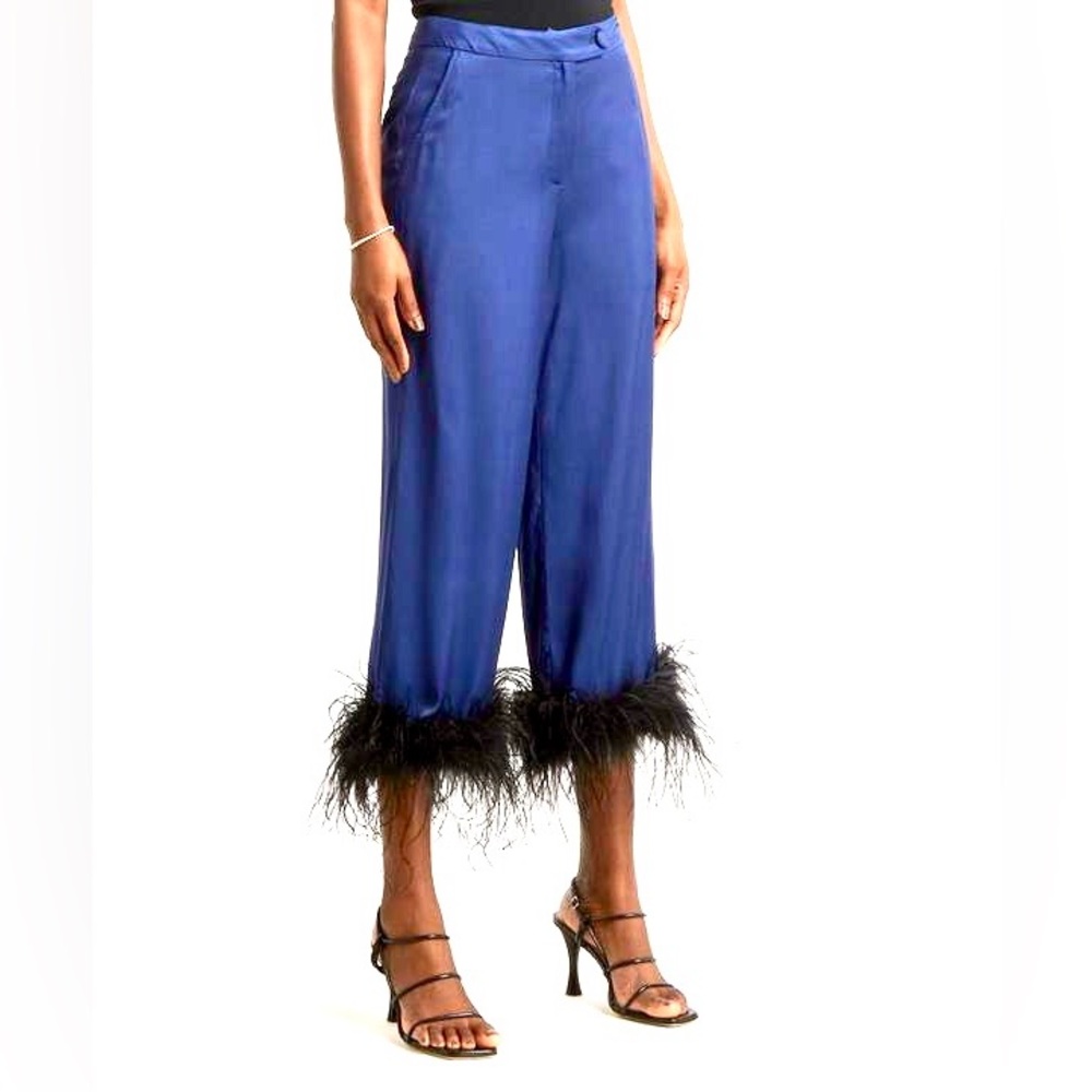 Sophisticated Blue Ankle Cropped Pants withRe  Feather Trim Viscose